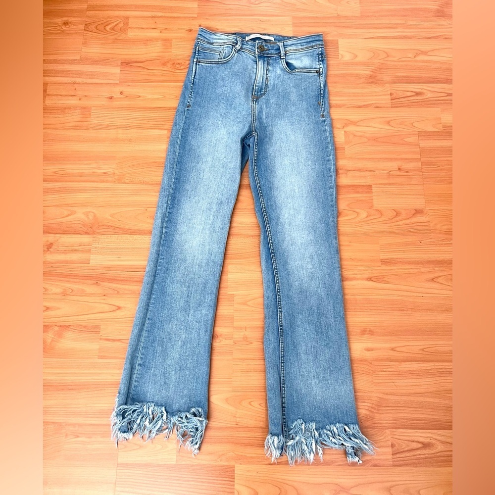Zara High Rise Fringe Hem Denim Jeans